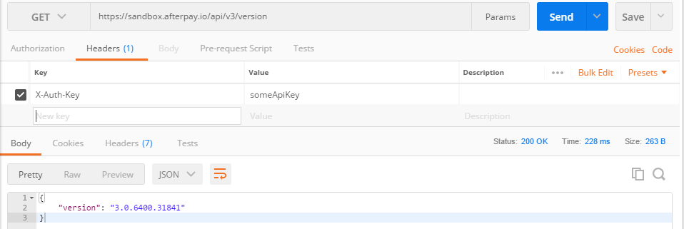 Screenshot of Key added (the version of the current API displayed)